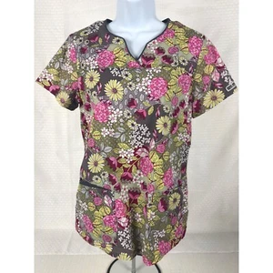 Cherokee Women Scrub Top Size S Green w Pink Yellow Flowers Short Sleeves Pocket - Picture 1 of 15