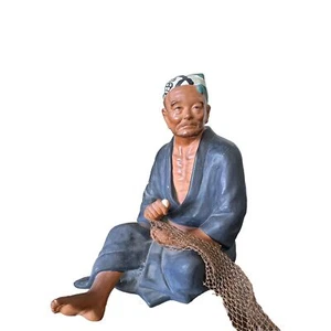 Rare Vintage Japanese HAKATA URASAKI Clay Doll Fisherman w/Net Figurine - Picture 1 of 2