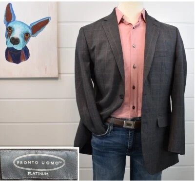 Pronto Uomo Platinum Mens Two Button Blazer Gray Red Windowpane Size 40L Jacket - Image 1 of 4