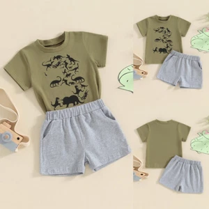 Toddler Boy Dinosaur Print Summer Short Sleeve T-Shirt and Short Set USA STOCK - Picture 1 of 15