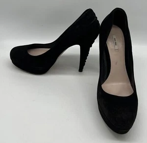 Miu Miu Black Suede Platform Ruffle-Heel Closed Toe Pump sz 38.5 - Picture 1 of 5