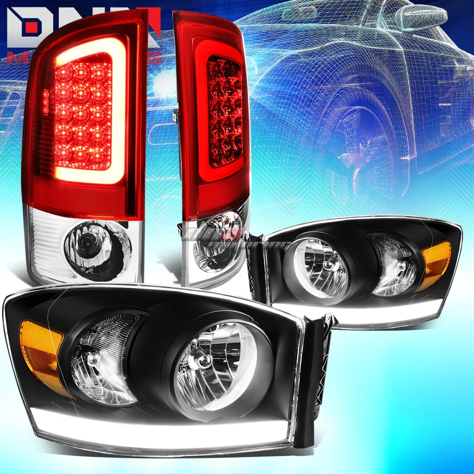 BLACK HOUSING AMBER HEADLIGHT+DRL+3D LED BAR TAIL LIGHT FIT 07-09 DODGE RAM - Image 1 of 4