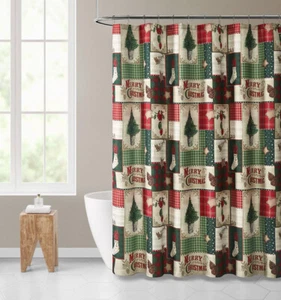 Merry Christmas Evergreens & Ornamets Plaid Farmhouse Fabric Shower Curtain - Picture 1 of 2