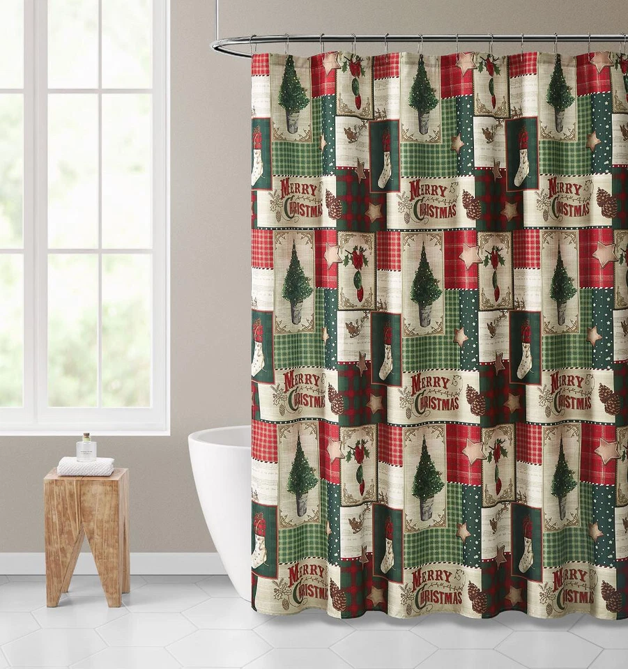 Feliz Navidad árboles de hoja perenne y ornamentos cortina de ducha de tela de granja a cuadros Foto 1 de 2