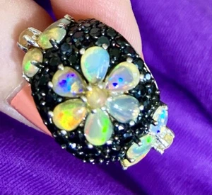 💜NWT Sterling Chuck Clemency,STS ,NYCII Opal Flower Ring Black Stones Size 7 👍 - Picture 1 of 6