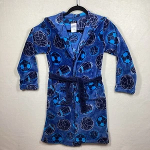 Cuddl Duds Plush Robe Youth L 12/14 Hood Belt Pockets Blue Football Soccer Balls - Picture 1 of 13