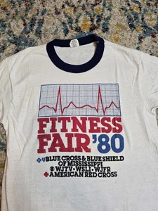 Vintage 1980 Mississippi Red Cross Fitness Fair Ringer Graphic T-Shirt Sz XS/S - Picture 1 of 6