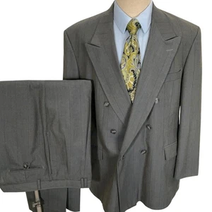 Haggar Gallery Suit Men 46 Gray Pinstripe Double Breasted Peak Classic USA VTG - Picture 1 of 21