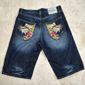 Ed Hardy Embroidered Tigers Baggy Skater Jean Shorts 2008 Men’s Sz 34 Y2K Jorts - Picture 1 of 11