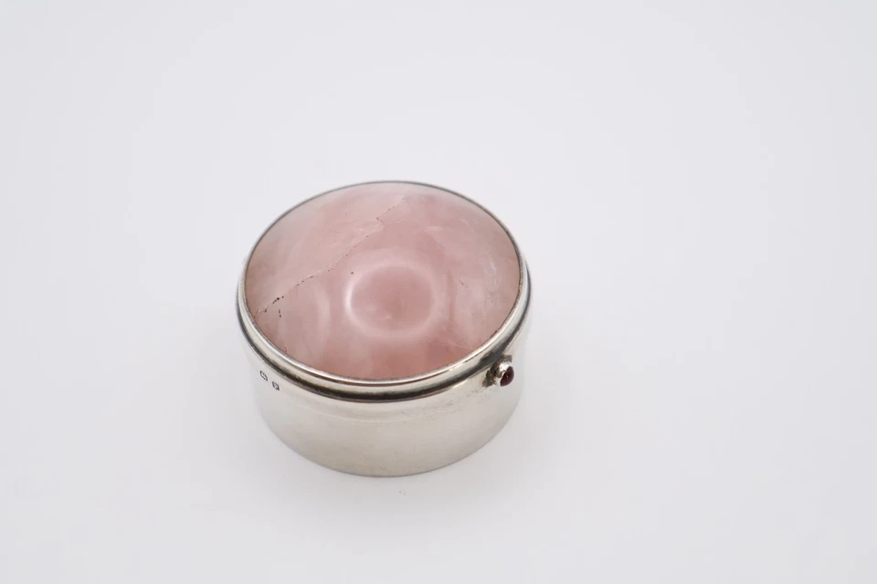 Charmosa caixa de bugigangas antiga prata quartzo rosa Hallmarked Birmingham 1914 - Imagem 1 de 4