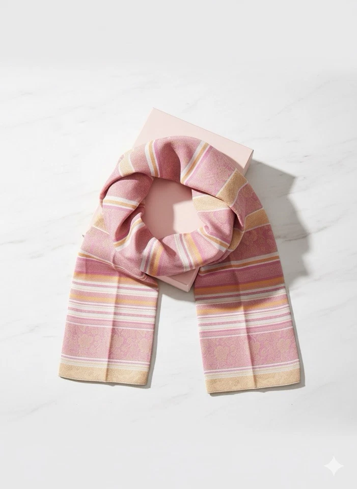 Pink Yellow Striped Floral Jacquard Long Oblong Silk Scarf Womens Vtg 80s - Image 1 of 3