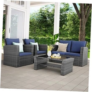 4 Piece Outdoor Patio Furniture Sets, Wicker Conversation Set for Porch Deck, - Picture 1 of 7