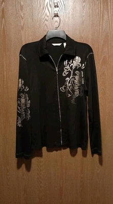 Camisa Laura Ashley M Negra Cremallera Completa Plateada Ajuste Floral Elastizada Manga Larga Foto 1 de 4