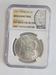 Dólar de plata Morgan 1921 brillante sin circular NGC 100 aniversario - Imagen 1 de 2