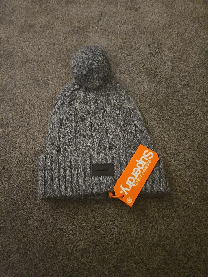 Superdry Jacob Beanie Hat Graphite Grey Twist Mens One Size NEW