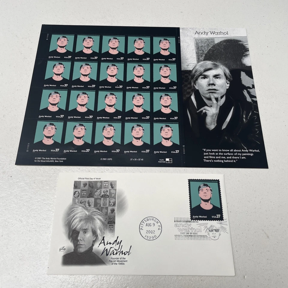 USA 2002 Andy Warhol Stamp Sheet & Cover. 20 stamps.  - Image 1 of 4