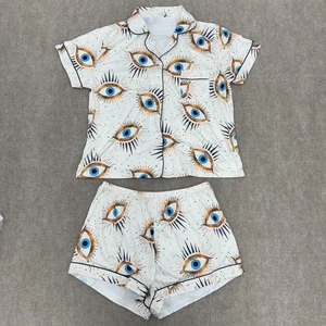 Shein White Eye Print 2 Piece Shirt Shorts Pajama Set Womens Size XL - Picture 1 of 7