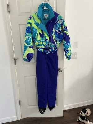 Vintage Obermeyer Ski Snow Suit Women 8 Bright Neon 80s 90s Blue Yellow Green - Image 1 of 4
