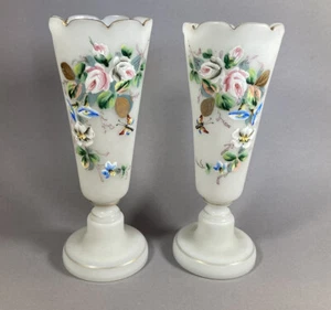 Pair Glass Vases Alabaster Glass Enamel Painting Gold Plating 19th JH Biedermeier 21 cm - Picture 1 of 12