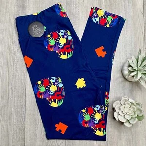 Puzzle Piece Hand Print Heart Autism Awareness Leggings OS TC - Picture 1 of 4