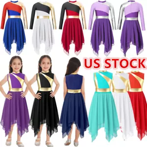Kids Girls Liturgical Praise Dance Dress Metallic Color Block Tunic Worship - Picture 1 of 95