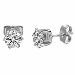 2pcs Women G23 Titanium Steel Ear Stud Earrings 7MM Round Cubic Zirconia Inlaid - Picture 1 of 5