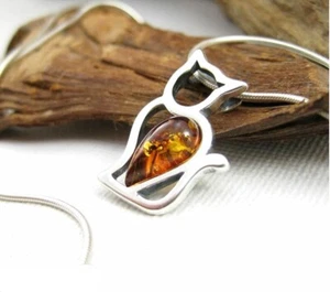  NATURAL BALTIC AMBER STERLING SILVER 925 PENDANT & CHAIN NECKLACE CAT Certified - Picture 1 of 6