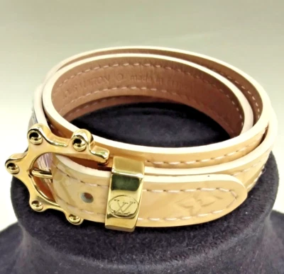 Auténtico Brazalete Louis Vuitton Cuero Triple Tour Beige Dorado M91400 Foto 1 de 4