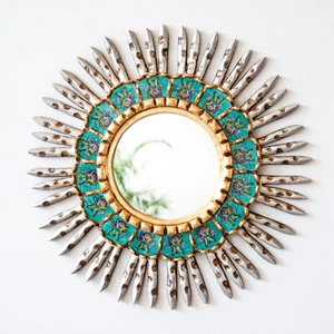 Miroir rond Sunburst turquoise péruvien 17,7" art mural décorations salon - Photo 1 sur 6