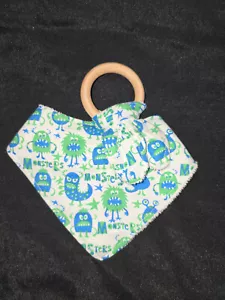 Baby Bib and Wooden Ring Teether Set Crinkle Paper Little Monsters - Picture 1 of 2