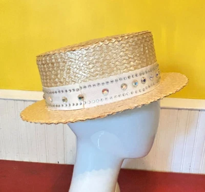 Fine Straw Master Mode Shower Proof 7 Jeweled Band Boater Hat - Image 1 of 4