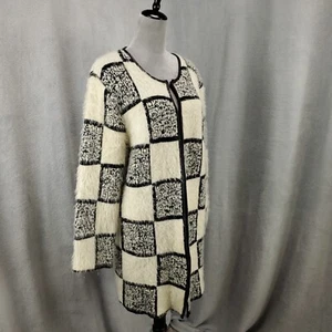 John Fashion Cardigan Womens XL Checkerboard Fuzzy Wool Blend Hook N Eye - Picture 1 of 13