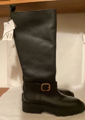 ZARA Botas de Motociclista de Cuero Negro TALLA 37 US 6.5 NUEVAS Foto 1 de 4