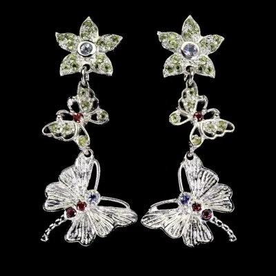 925 Sterling Silber Ohrringe Rund Tansanit Peridot Edelstein Butterfly Schmuck - Bild 1 von 4