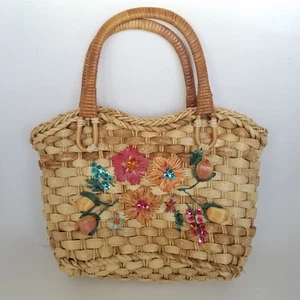 Vintage Woven Straw Raffia Hand Bag Small Floral Embroidery Purse Tote - Picture 1 of 12
