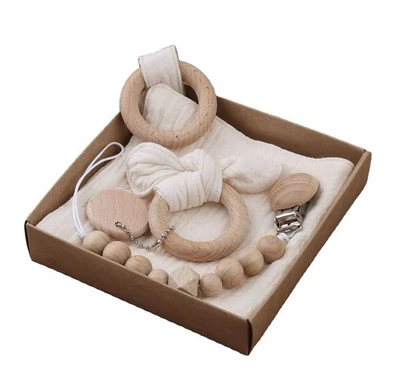 Newborn Baby Gift Box Natural Wood & 100 % Cotton Set With Wooden Accessories - Image 1 of 4