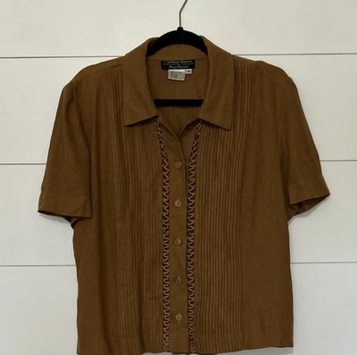 Blusa feminina exclusiva Cynthia Howie Boutique linho com miçangas delicadas marrom tamanho 14 - Imagem 1 de 4