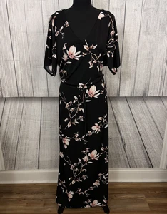 WHBM Women's Small Black Floral Short Flutter Sleeve Maxi Dress w/ Tie Waist - Picture 1 of 8
