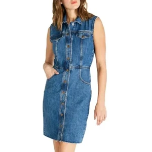 Vestido Etica Denim Jean Sin Mangas Pequeño Botón Western Minimalista Eco Informal - Imagen 1 de 10