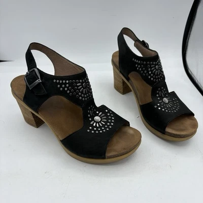 Sandalias Dansko Mujer Talla 7 EU 38 Deandra Cuero Tachonado Tacón Bloque Negro Foto 1 de 4