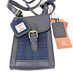 NEW Harris Tweed TAG Leather Wool Crossbody Bag Purse Blue Tartan Plaid Scotland - Picture 1 of 20
