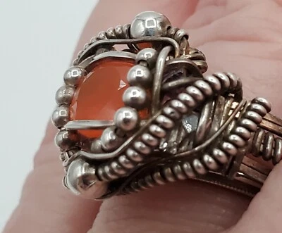 Anillo Hecho a Mano Talla 11 Alambre Envuelto en Plata Naranja Granate Bizantino LEER Foto 1 de 4