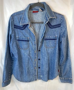 Levis Shirt Womens Blue Denim M Long Sleeve Red Label Boho Western Piping Fitted - Picture 1 of 6