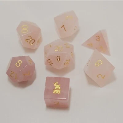 Natural Rose Quartz Gemstone Dice Set Pink D6 Logo DND RPG Table-top Accessory - Image 1 of 4