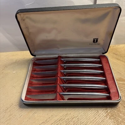 6件套老式牛排刀中世纪毛巾不锈钢重型盒装 — 第 1/4 张图片