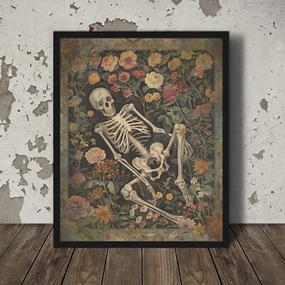 Arte de pared romántico FLORES DE ESQUELETO, póster sexy de amor de calavera, decoración botánica de hueso Foto 1 de 4