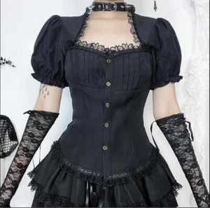 Women's Gothic Square Neck Puff Sleeves Lace Trim Lolita Shirt Blouse Top - Picture 1 of 13