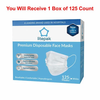 125pcs Litepak 3Ply Disposable White Face Masks Ear Loop Adjustable Nose Piece - Image 1 of 4