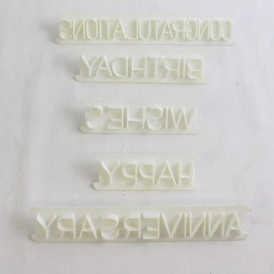 Lote de 5 peças vintage 1985 Wilton plástico mensagem imprensa decoração bolo - Imagem 1 de 4