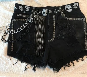 Pantalones Cortos Jean Distressed L Artísticos Adornados Calavera Crudo Emo Punk Grunge - Imagen 1 de 21